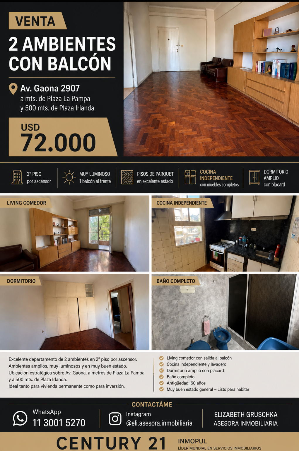 Dos ambientes con balcón en Caballito